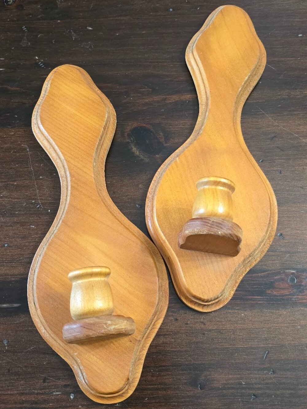 Vintage Wooden Wall Sconces Candle Holders Pair